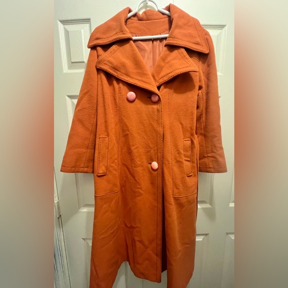 Vintage Burnt Orange Double Breasted Long Retro Wool Fit and Flare Peacoat - Picture 2 of 11